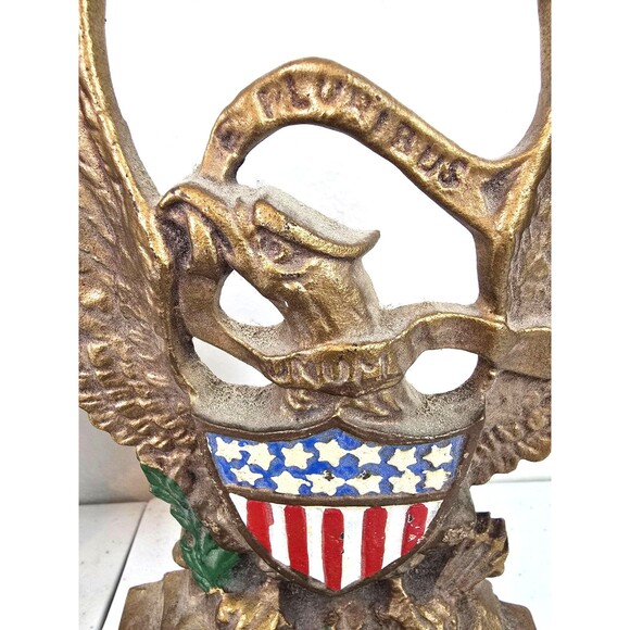 Vintage Cast Iron Eagle Gold Enamel Bookends #665 E Pluribus Unum Brass Flag - Picture 3 of 9
